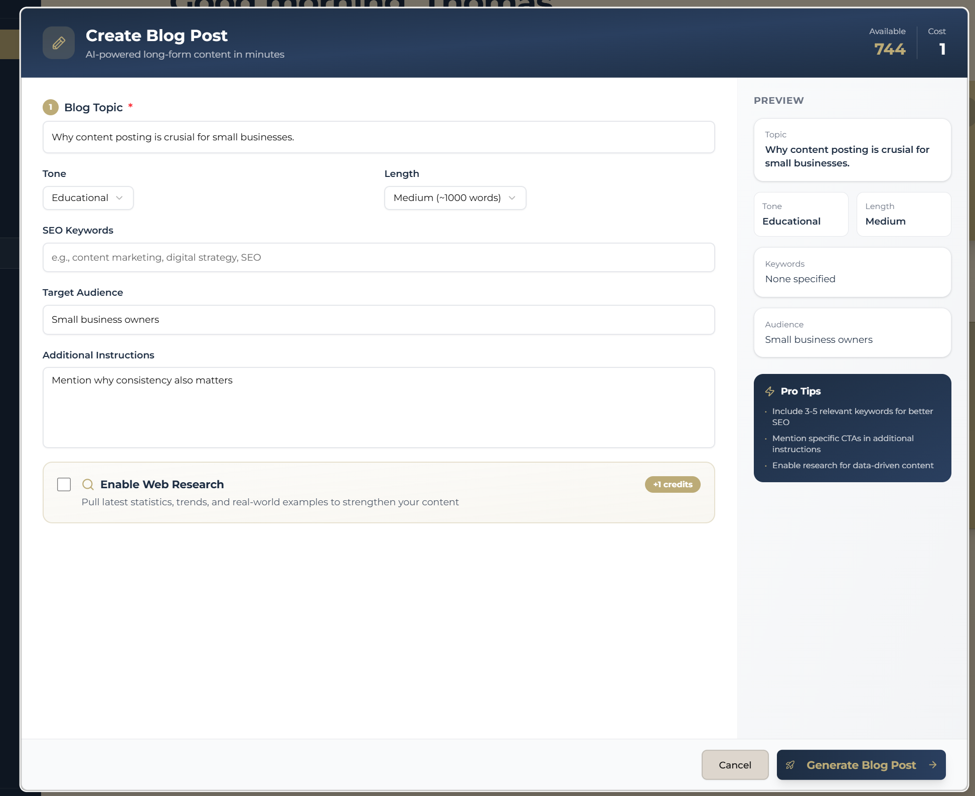 Create Blog Post modal with Blog Topic filled, tone and length visible, optional SEO keywords and Enable Web Research section, Generate Blog Post button enabled