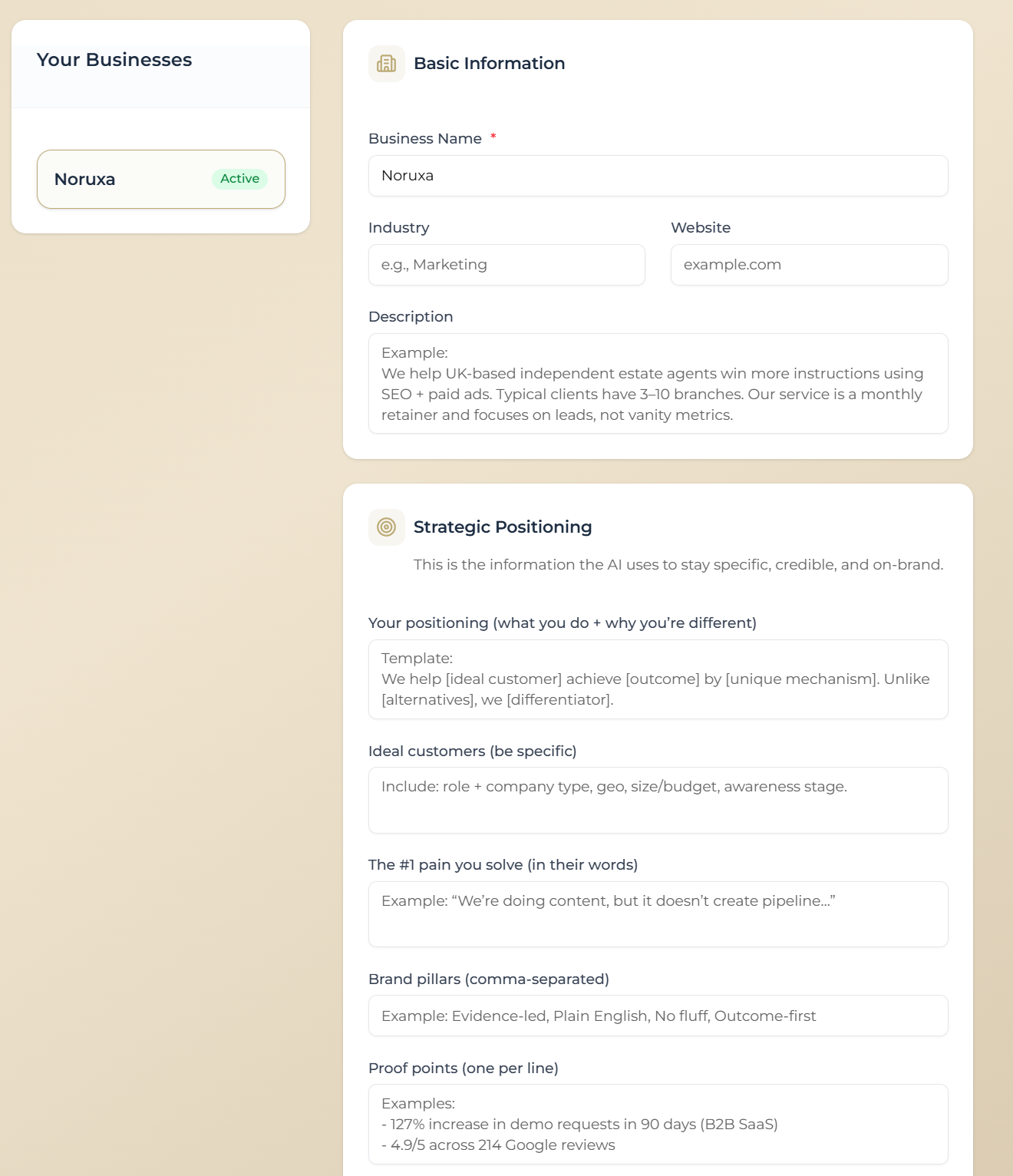 Settings Brand Profiles left column with one business selected and an Active badge, showing how the active profile is chosen before opening the blog modal