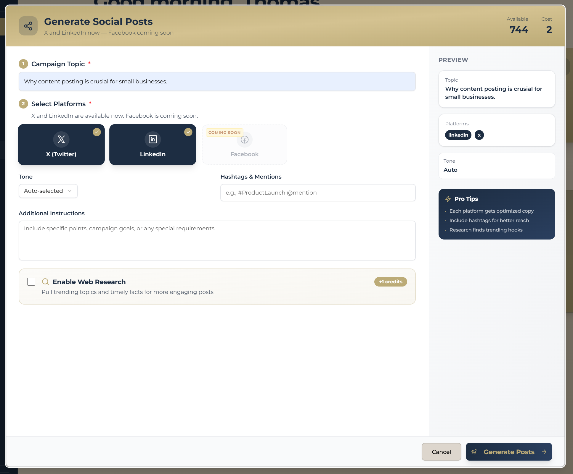 Generate Social Posts modal with three platform tiles in order X LinkedIn Facebook Coming soon