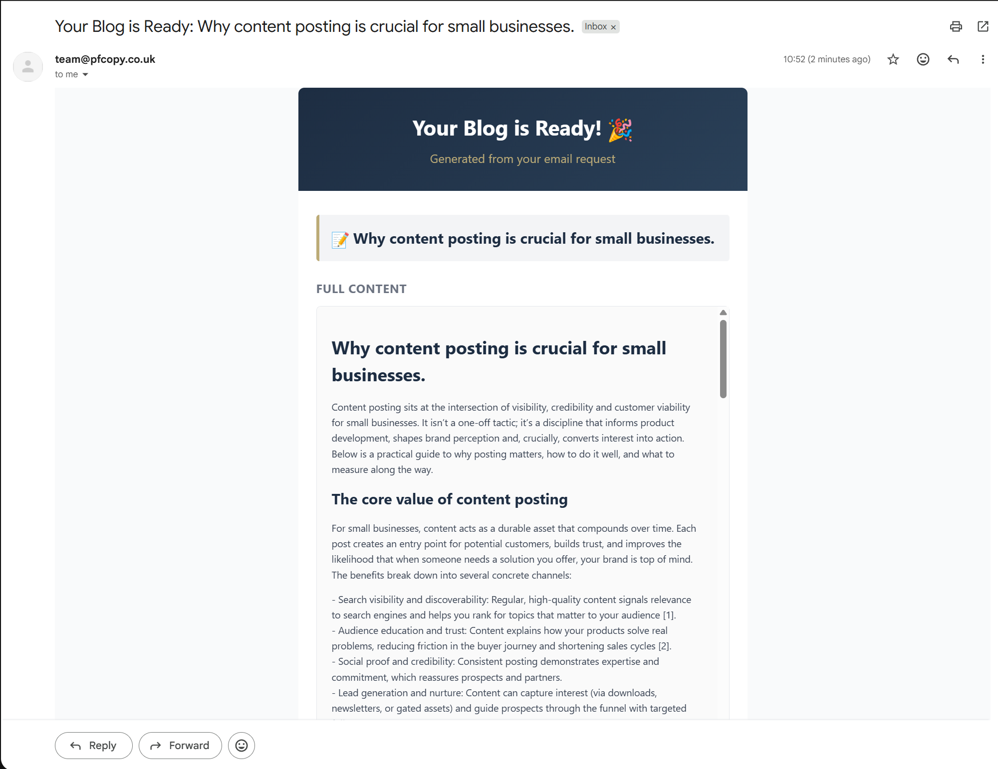 Confirmation email preview showing blog title and preview content