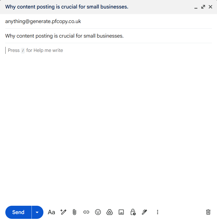 Email compose window addressed to anything@generate.pfcopy.co.uk from the users registered inbox