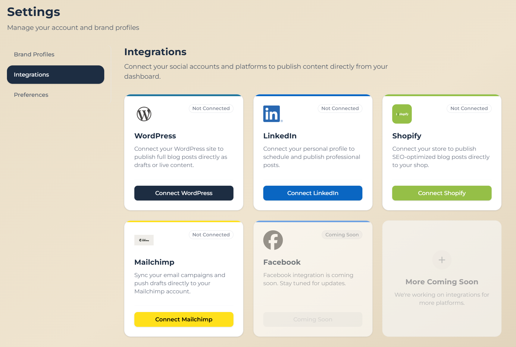 Dashboard Settings page with vertical tabs and Integrations active showing WordPress card