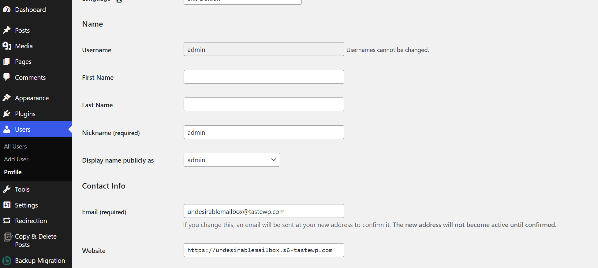 WordPress profile page showing the Site Address and Username fields at the top