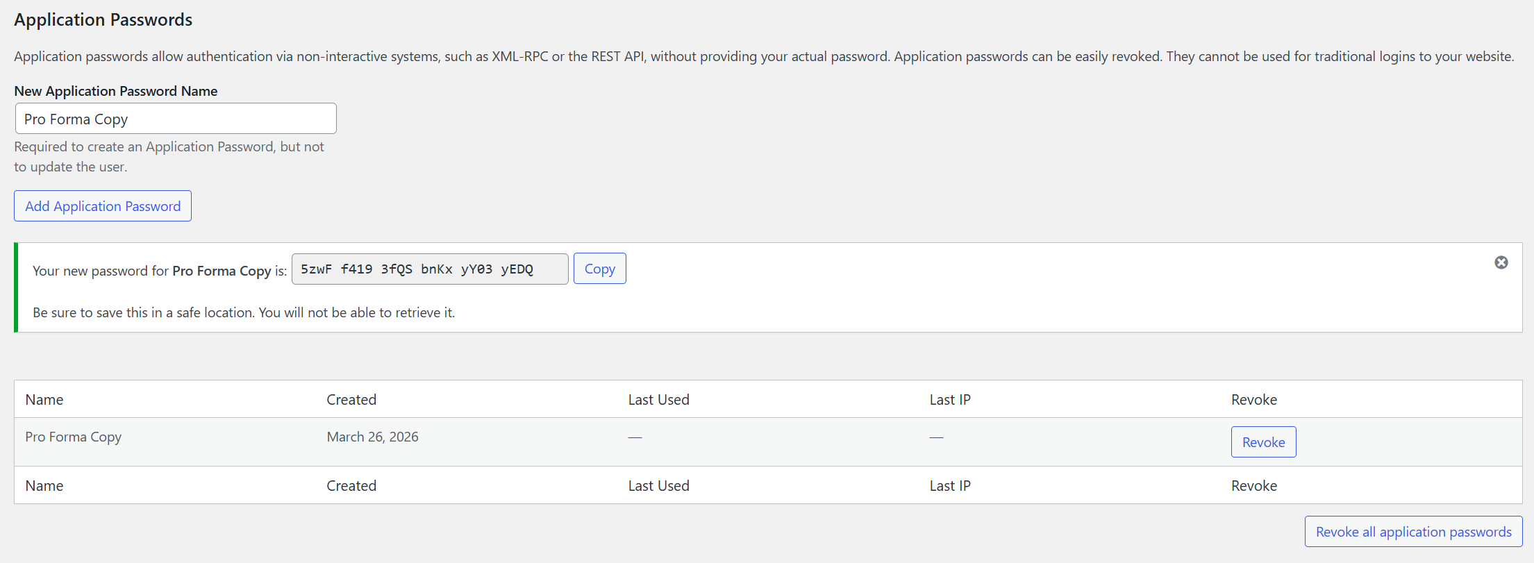WordPress Application Passwords section with a new password being generated