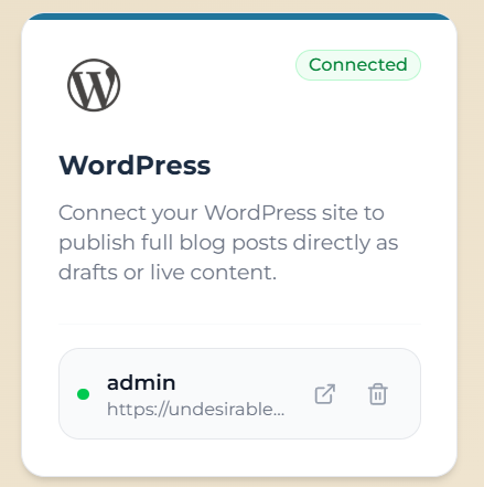 Connect WordPress modal with WordPress Site URL Username Application Password and Connect button